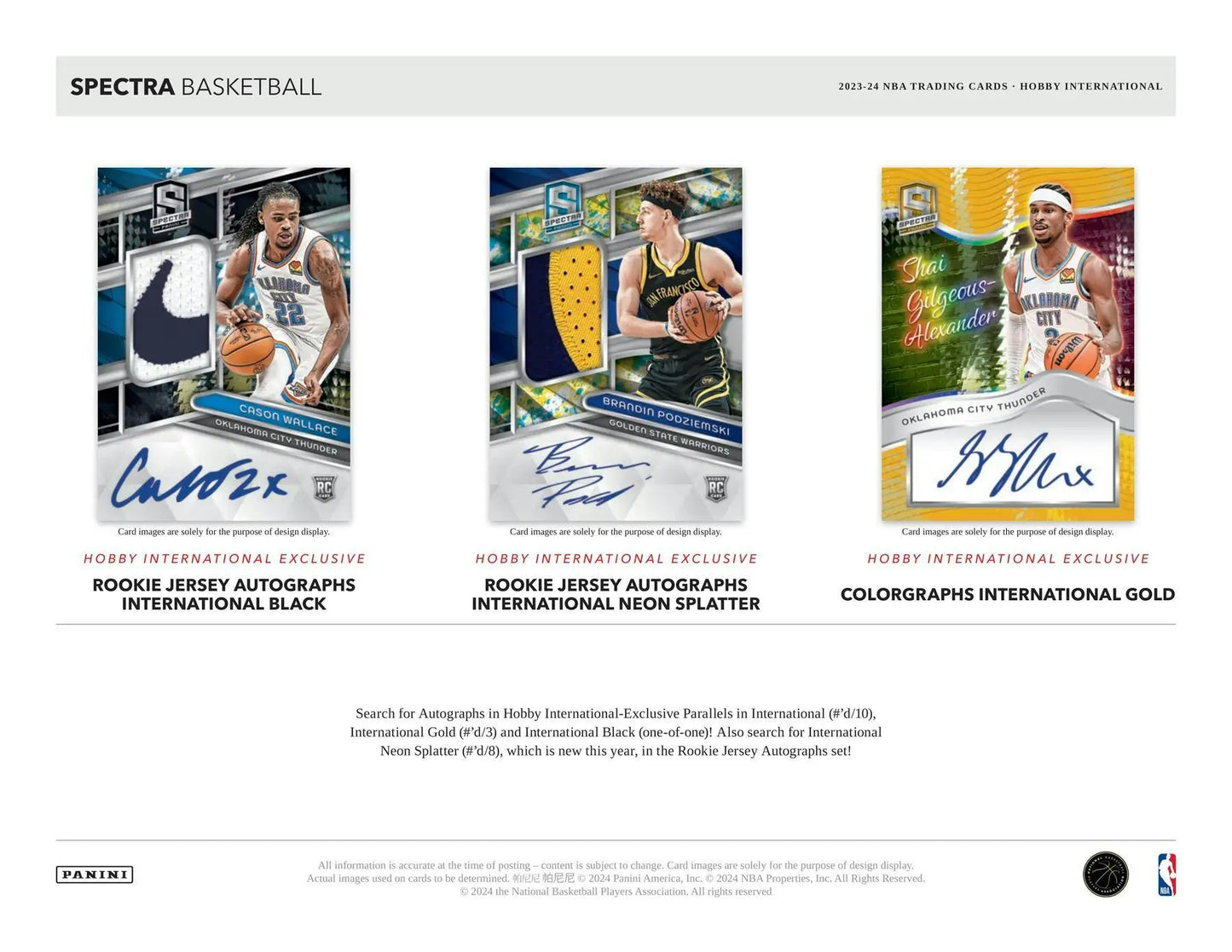Three basketball trading cards from 2023-24 Panini Spectra featuring exclusive base and three parallels