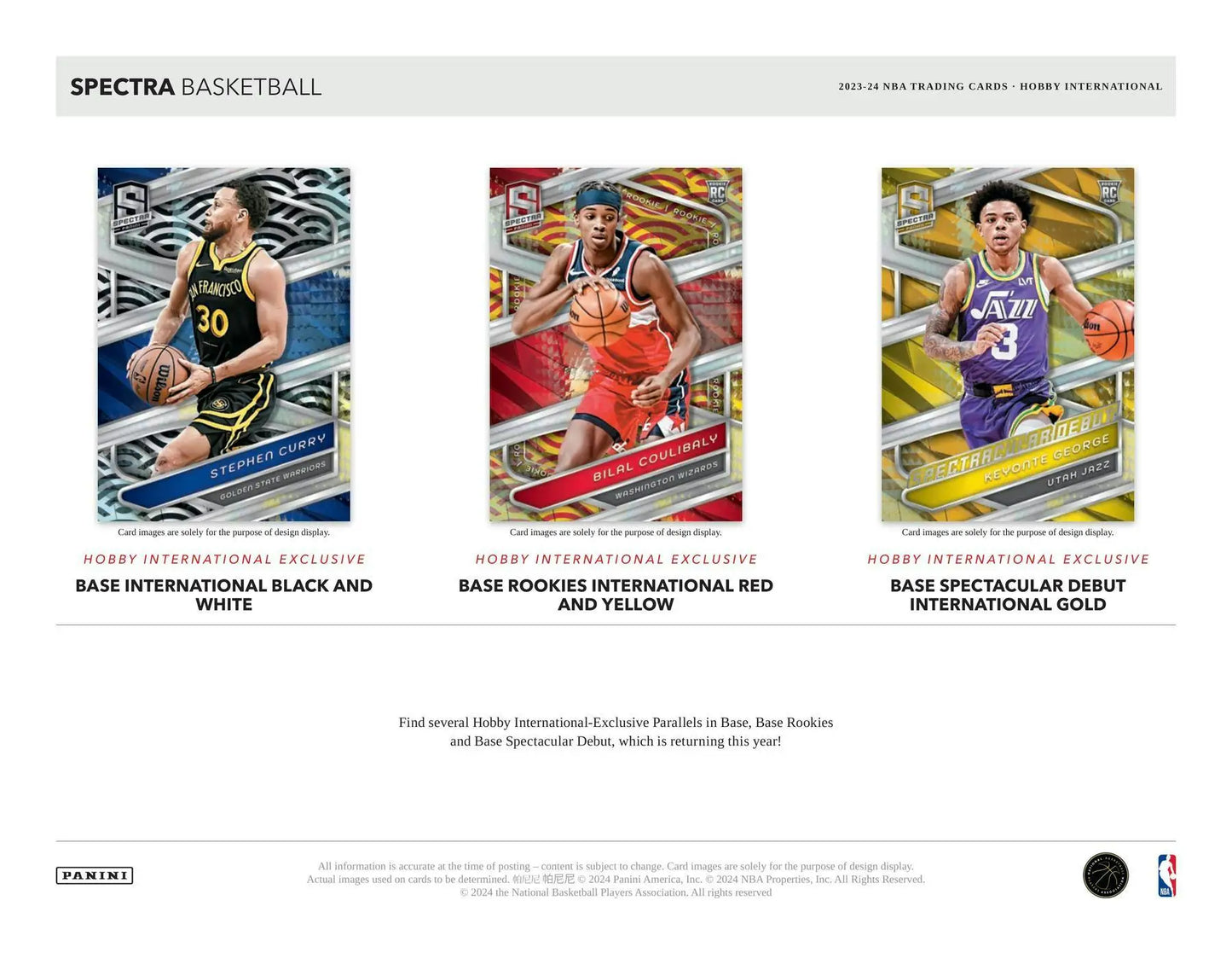 Basketball trading cards from 2023-24 Panini Spectra featuring three parallels