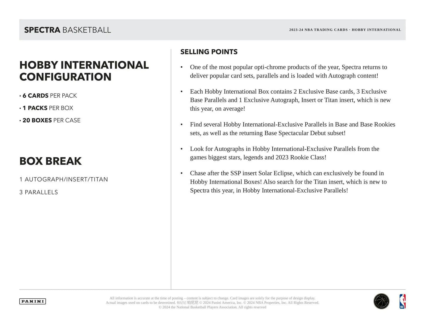 2023-24 Panini Spectra Basketball Hobby Box featuring three parallels and exclusive base
