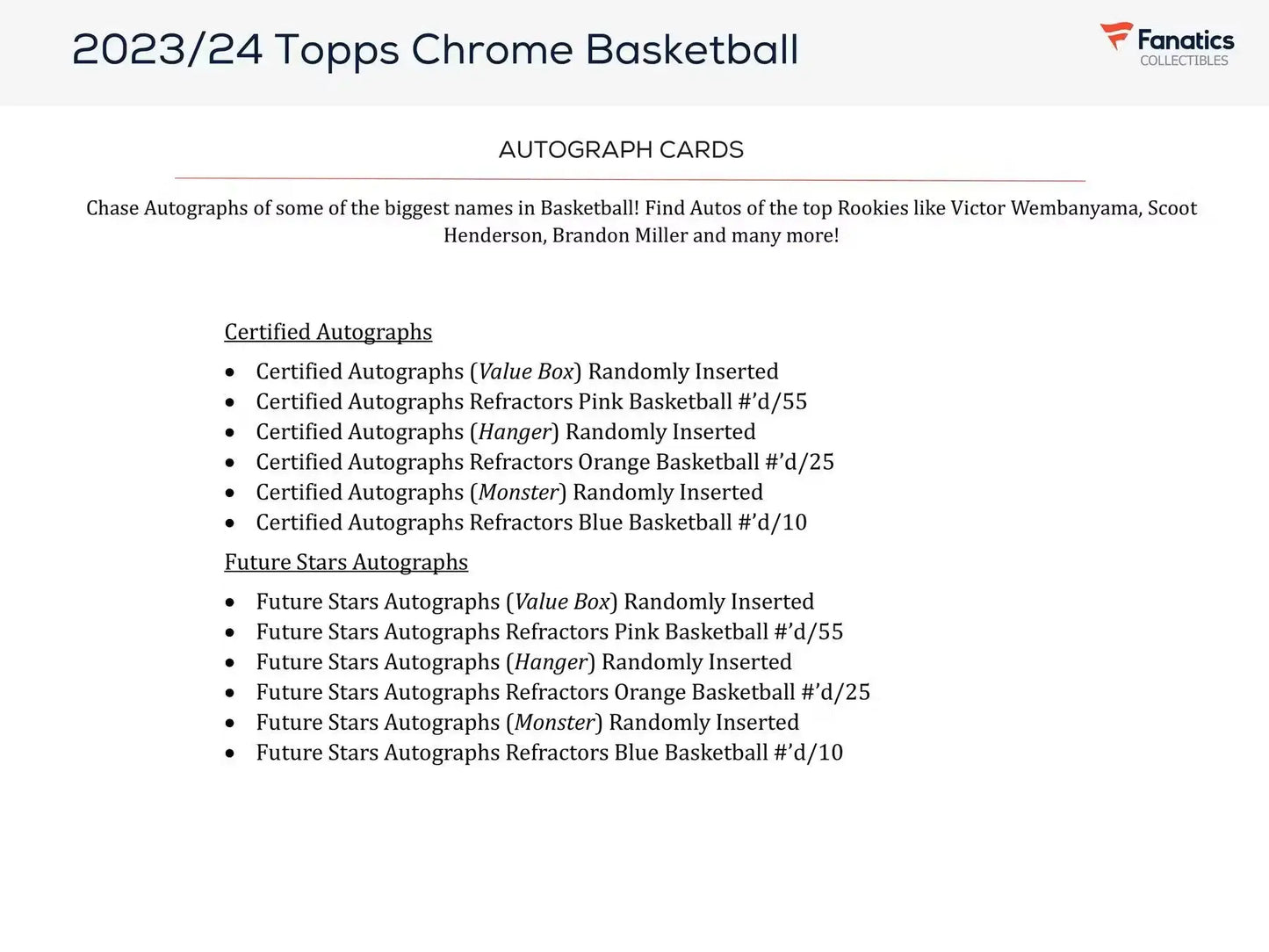 2023-24 Topps Chrome Basketball autograph card checklist featuring refractors pink from Film Study Sudden Impact