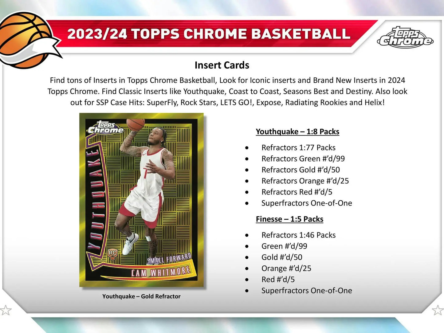2023-24 Topps Chrome Basketball insert cards with rare superfractors one-of-one and refractors gold