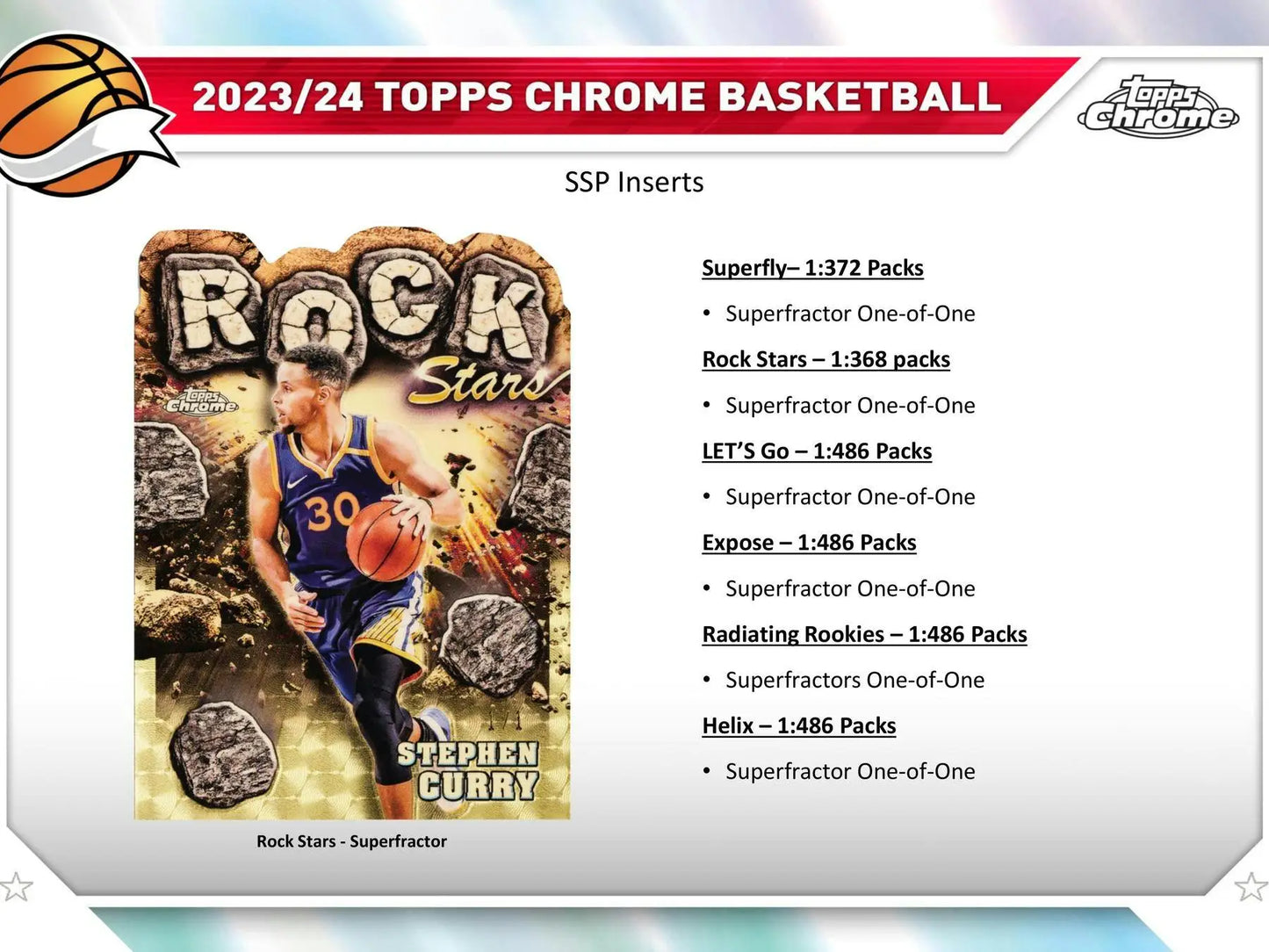 Basketball card with Stephen Curry from 2023-24 Topps Chrome Basketball Hobby Box featuring refractors gold