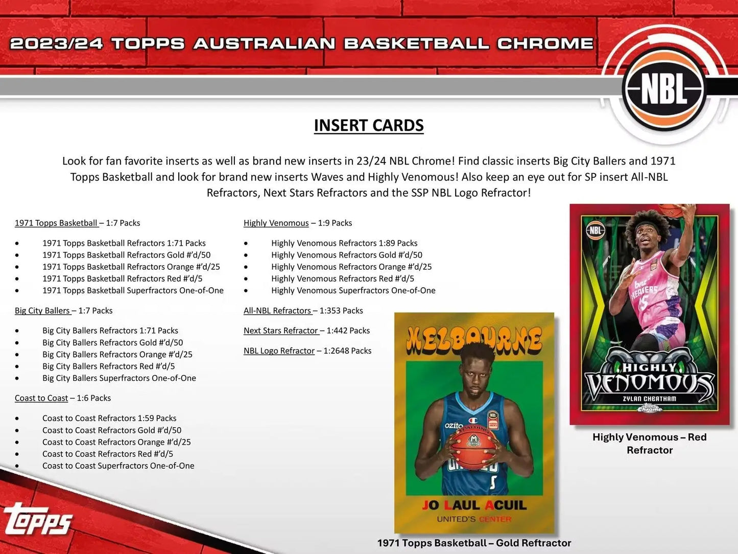 Basketball card product info for 2023-24 Topps Chrome NBL hobby box featuring refractors orange and superfractors one-of-one
