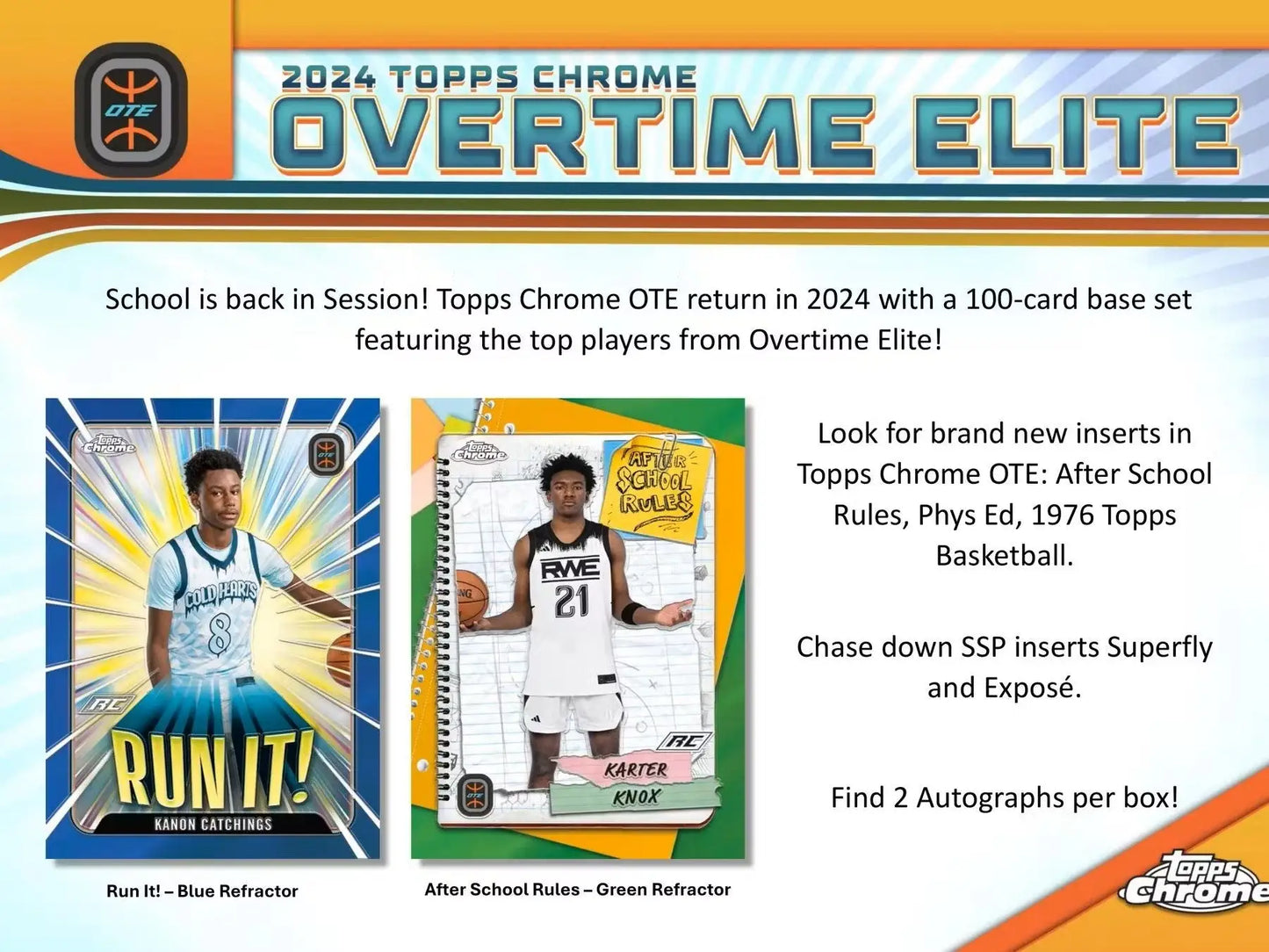 2024 Topps Chrome Overtime Elite basketball trading cards with refractors orange and superfractors one-of-one