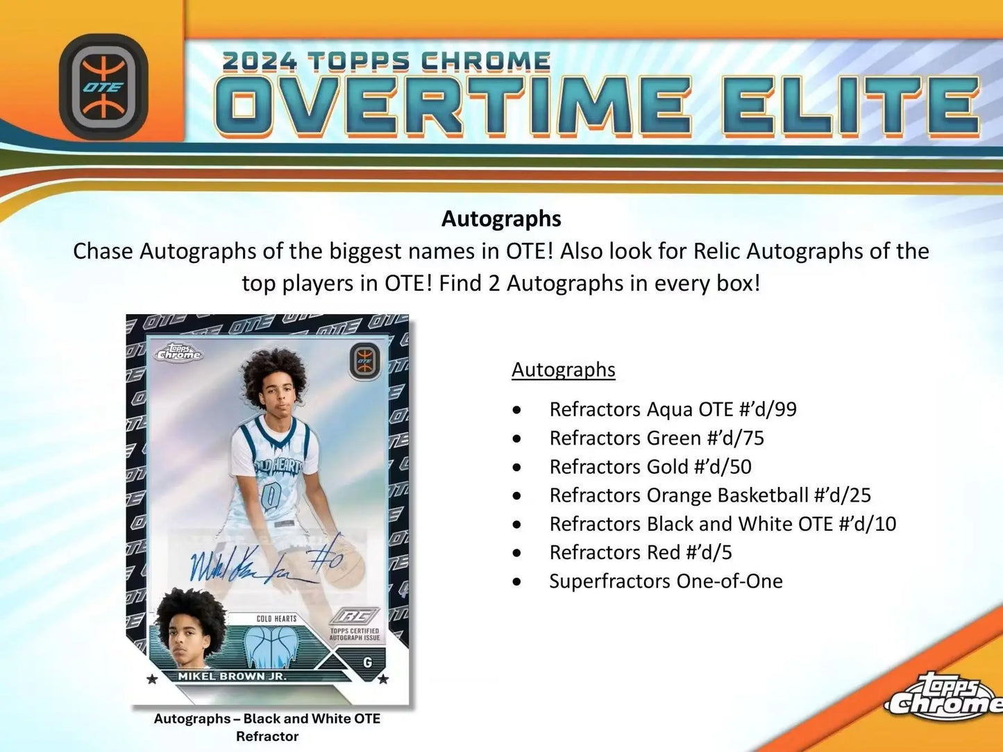 Overtime Elite trading card ad with Topps Chrome refractors Orange Basketball superfractors one-of-one