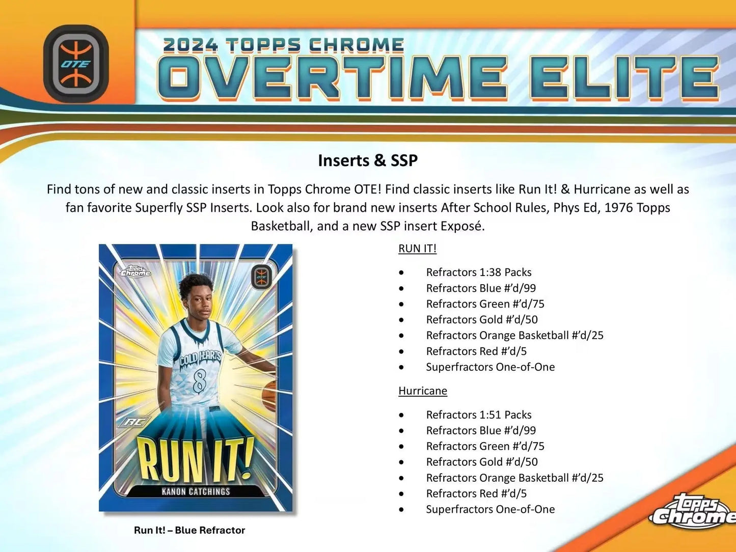 Basketball card promotion featuring Topps Chrome refractors orange basketball and superfractors one-of-one in 2023-24 Topps Chrome Overtime Elite Hobby Box