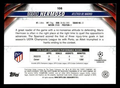 Collectible chrome UEFA Club football trading card of Mario Hermoso for Atlético Madrid