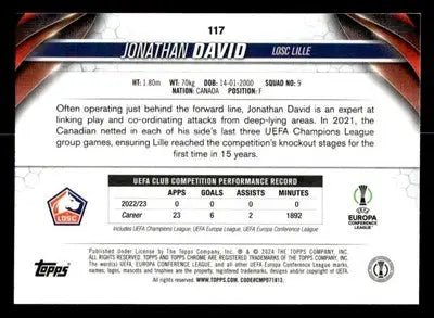 Sports trading card of Jonathan David from 2023-24 Topps Chrome UEFA Club Competitions