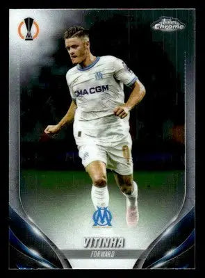 Collectible soccer trading card of male player in white uniform from 2023-24 Topps Chrome UEFA Club Competitions