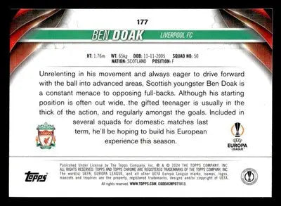 Back of a Ben Doak Topps Chrome UEFA Club Competitions trading card in 2023-24 collection