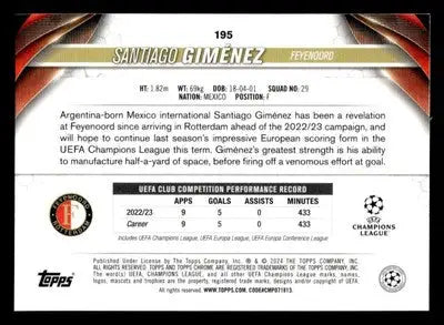 Back of 2023-24 Topps Chrome UEFA Club Competitions Santiago Giménez trading card