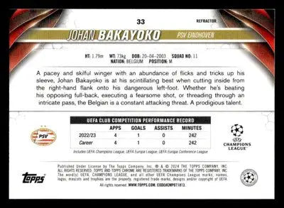 Reverse side of 2023-24 Topps Chrome UEFA Johan Bakayoko trading card showing stats
