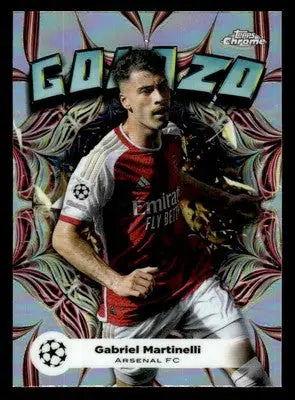 Soccer trading card of Gabriel Martinelli in Arsenal jersey from 2023-24 Topps Chrome UEFA Club Competitions