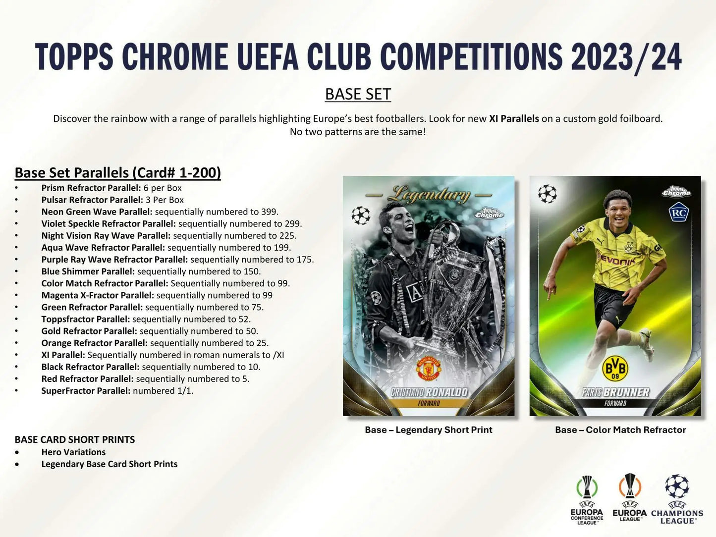 Trading card product advertisement for 2023-24 Topps Chrome UEFA Club Competitions with wave refractor parallel