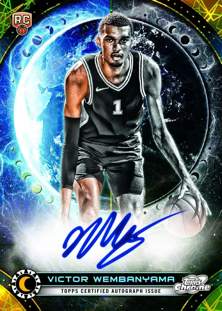 Basketball trading card of a San Antonio Spurs player in black jersey, Cosmic Chrome design