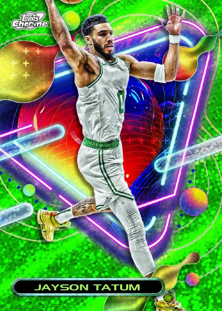 Basketball player in Celtics uniform leaps in celebration for Cosmic Chrome Basketball