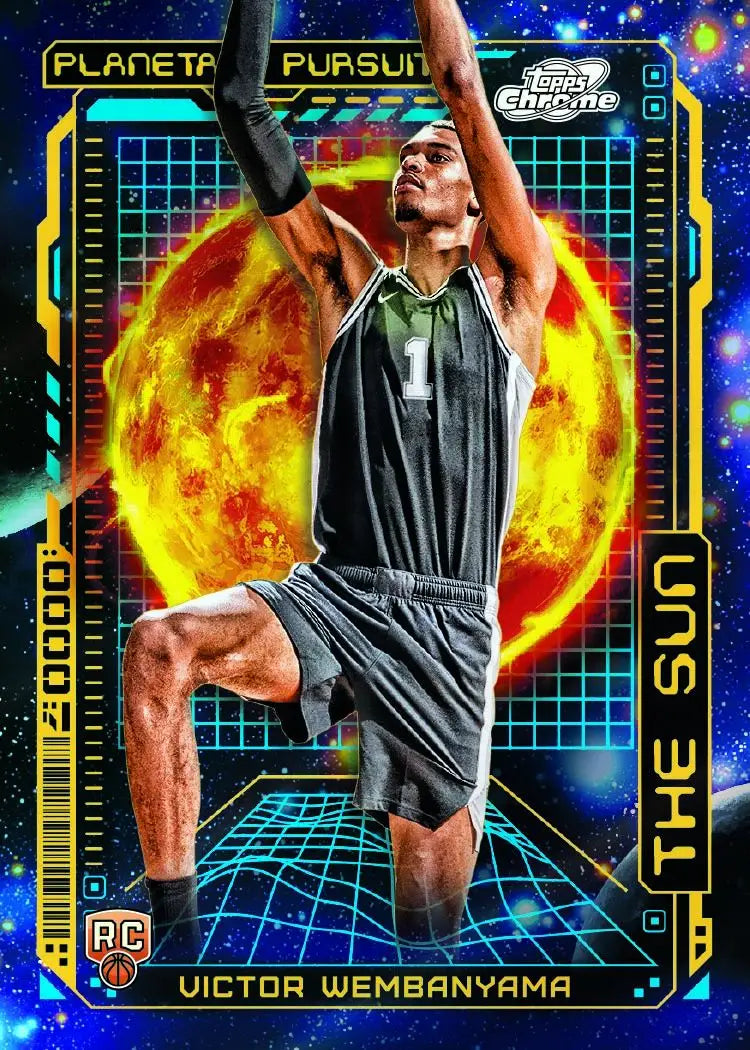 Basketball player in gray uniform leaping against a cosmic chrome sun backdrop