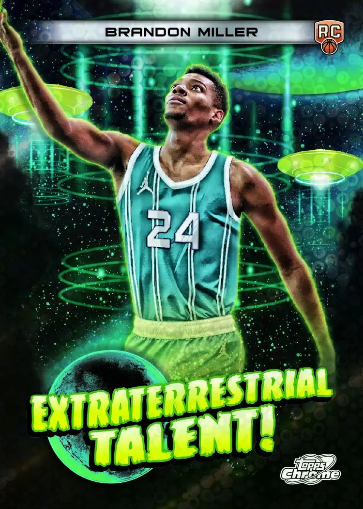 Basketball player in teal jersey number 24 on cosmic chrome backdrop, Topps product