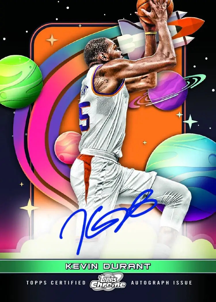 Basketball trading card of player in white jersey against cosmic chrome background