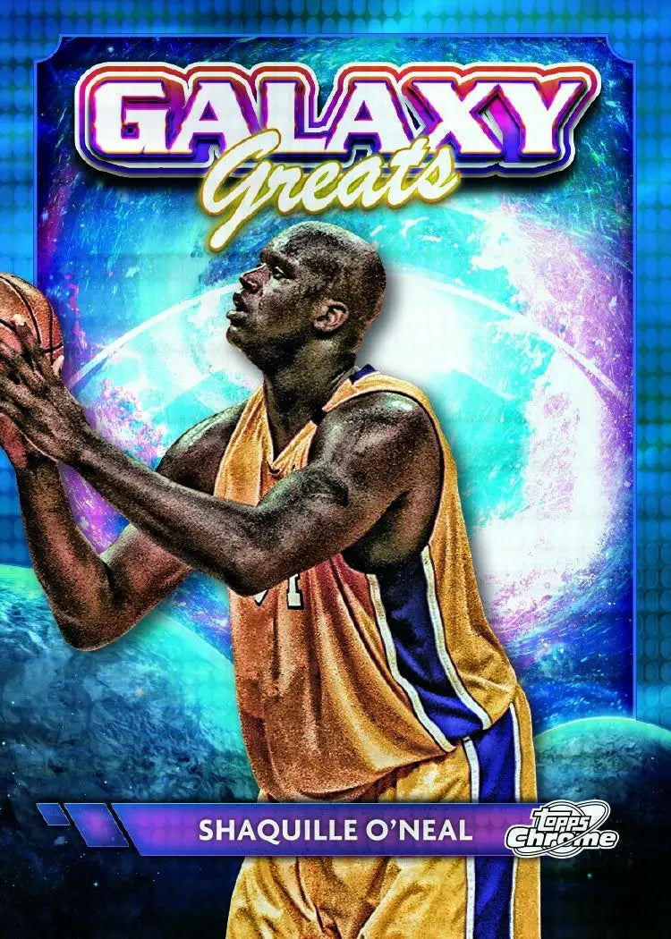 Basketball trading card of player in Lakers jersey with cosmic chrome background