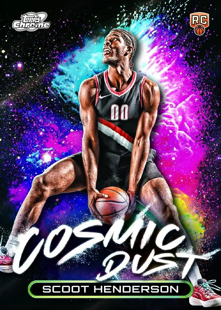 Basketball trading card of a Portland Trail Blazers player on cosmic chrome background