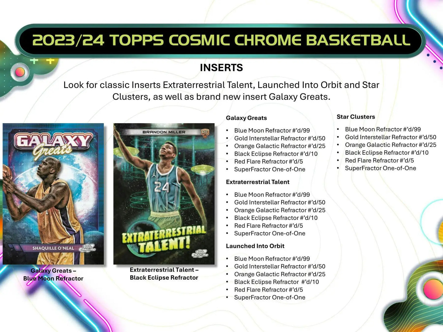 Basketball card inserts featuring Gold Interstellar and Black Eclipse refractors from 2023-24 Topps Cosmic Chrome Hobby Box