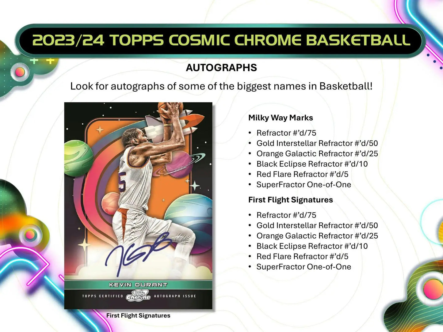 Basketball card featuring autograph with gold interstellar refractor in 2023-24 Topps Cosmic Chrome Hobby Box