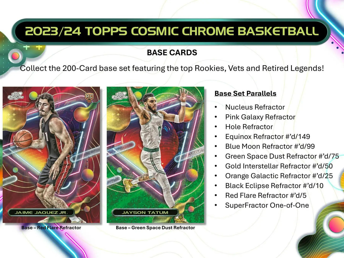 Basketball card advertisement featuring 2023-24 Topps Cosmic Chrome Hobby Box with gold interstellar refractor