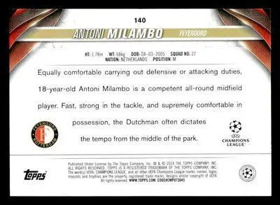 Back of 2023-24 Topps Jade Edition UEFA Antoni Milambo trading card