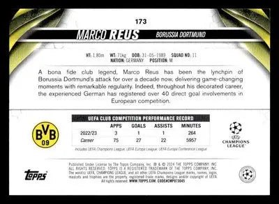 Back of 2023-24 Topps Jade Edition UEFA Club Competitions Marco Reus trading card
