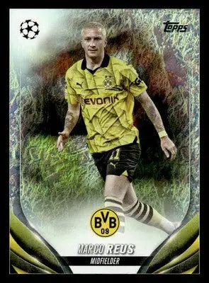 Soccer trading card featuring Marco Reus in yellow Borussia Dortmund jersey from 2023-24 Topps Jade Edition UEFA