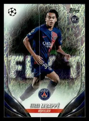 Soccer trading card of Ethan Mbappe in blue and red jersey from 2023-24 Jade Edition UEFA