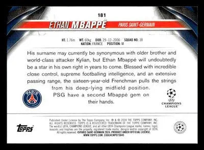 Back of Ethan Mbappé football trading card from 2023-24 Topps Jade Edition UEFA