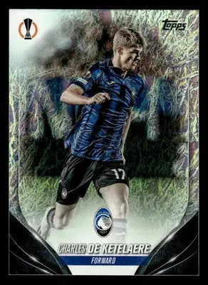 Soccer trading card featuring Charles De Ketelaere in blue black striped jersey Jade Edition UEFA