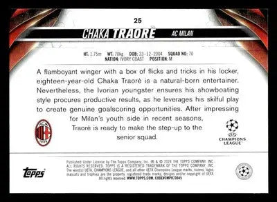 Collectible Chaka Traorè football trading card from 2023-24 Jade Edition UEFA series