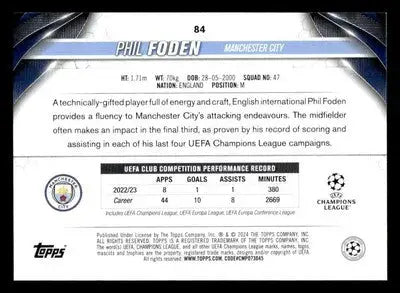 Back of a Phil Foden Topps Jade Edition UEFA trading card with stats
