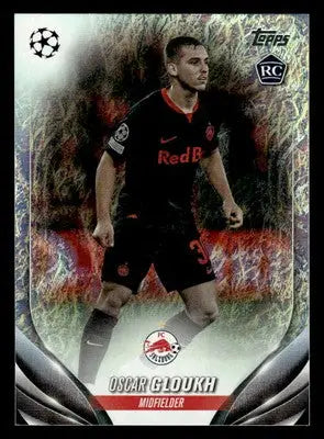 Soccer trading card of Oscar Gloukh in black and red uniform from 2023-24 Topps Jade Edition UEFA