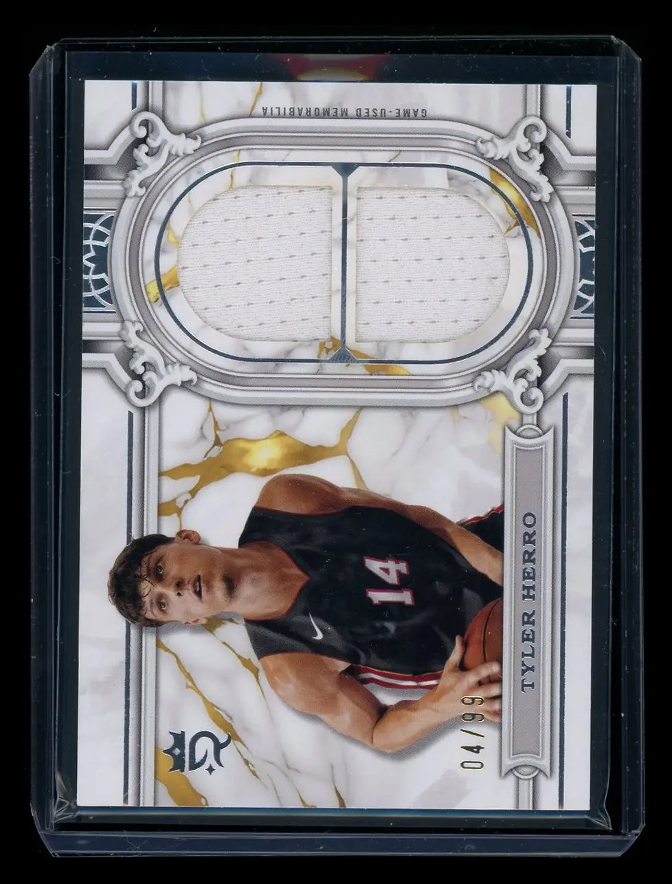 Tyler Herro dual memorabilia basketball card from 2023 Topps Royalty Collection Regalia Relics