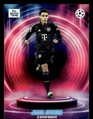 UEFA club Jamal Musiala Topps Showtime UEFA soccer trading card with glowing rings background
