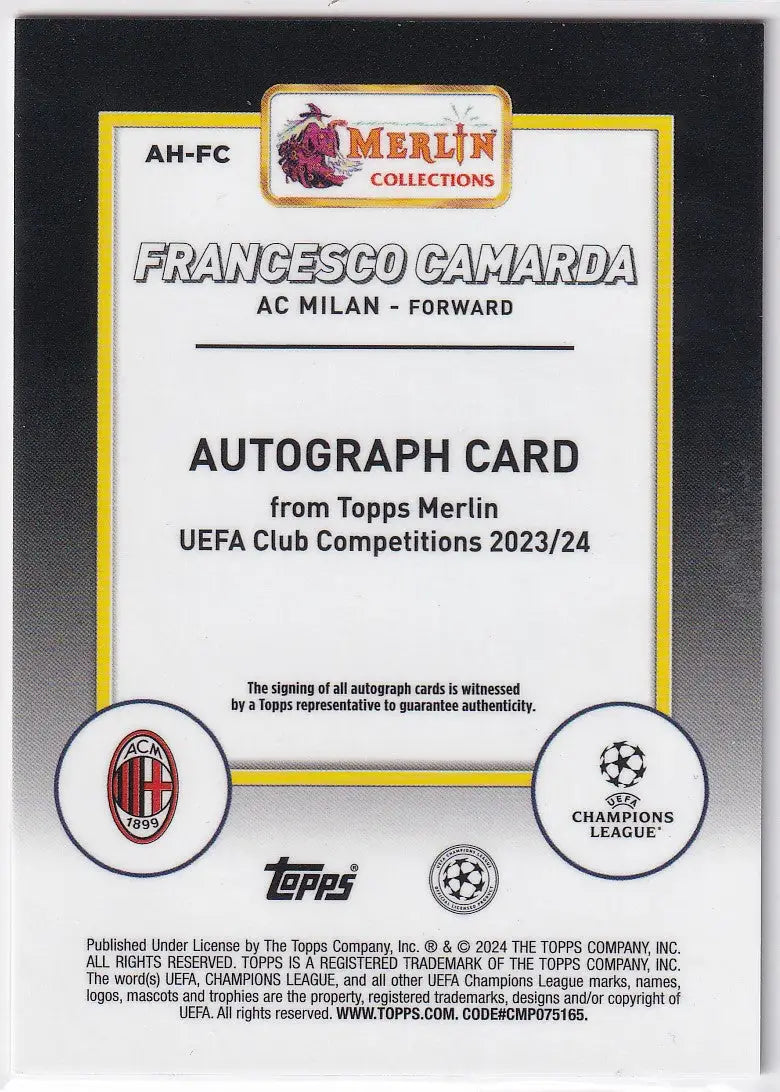 Topps UCC Merlin Chrome Auto Wave 12/150 Francesco Camarda AC Milan autograph card