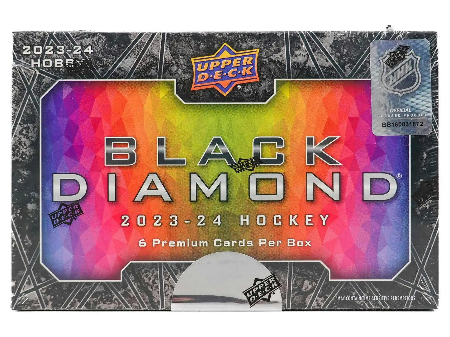 Black Diamond hockey card box featuring diamond relics and rookies from 2023-24 Upper Deck