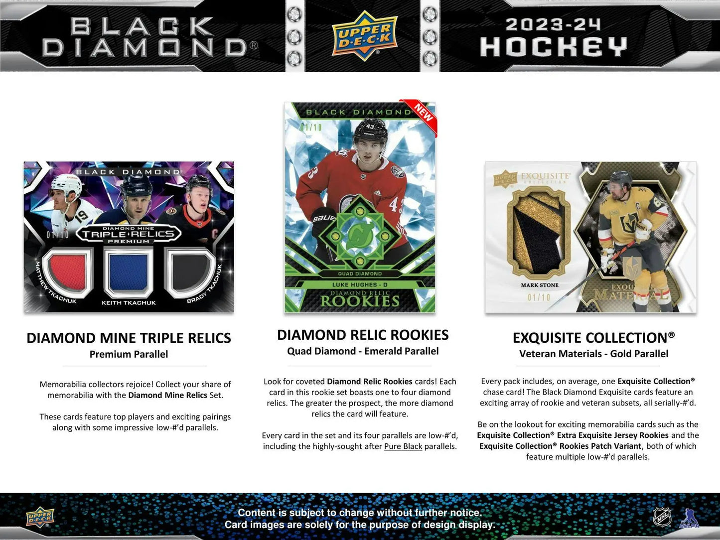 Hockey card product advertisement for 2023-24 Upper Deck Black Diamond Hobby Box featuring diamond relics and rookies