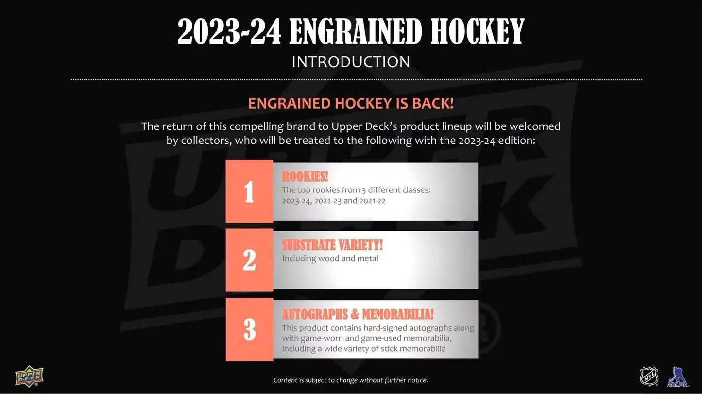 Hockey card product introduction featuring 2023-24 Upper Deck Engrained Hobby Box with rookie updates