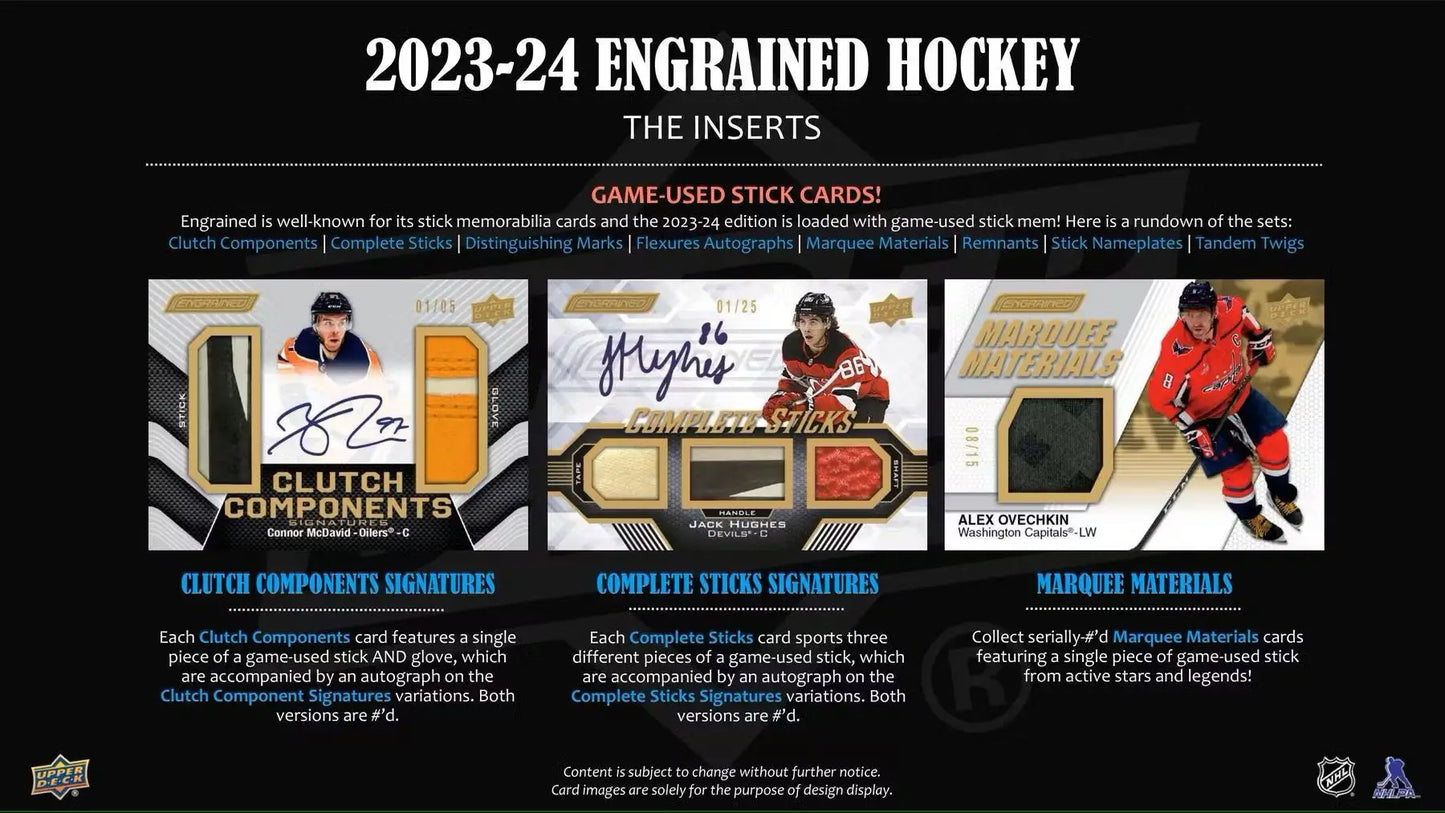 Hockey card inserts featuring signature shots, base set, and rookie update from 2023-24 Upper Deck Engrained Hobby Box