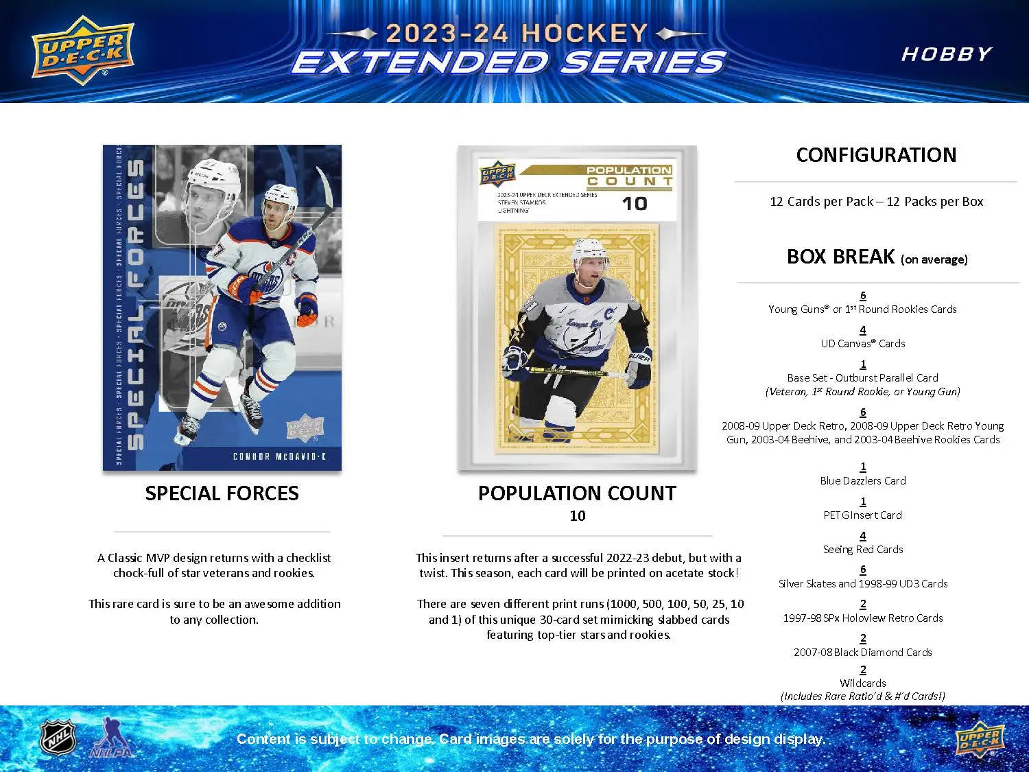 2023-24 Upper Deck Extended Series Hockey Hobby Box advertisement showcasing product features