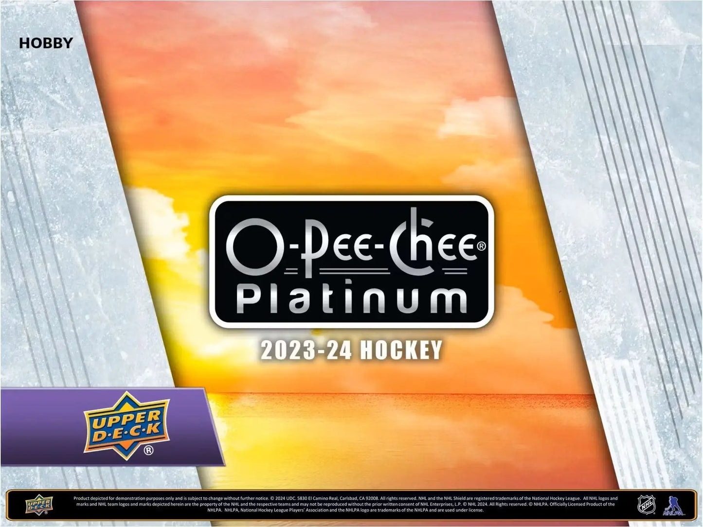 Hockey trading card product ad for 2023-24 Upper Deck O-Pee-Chee Platinum Hobby Box featuring base set, marquee rookies, and veterans