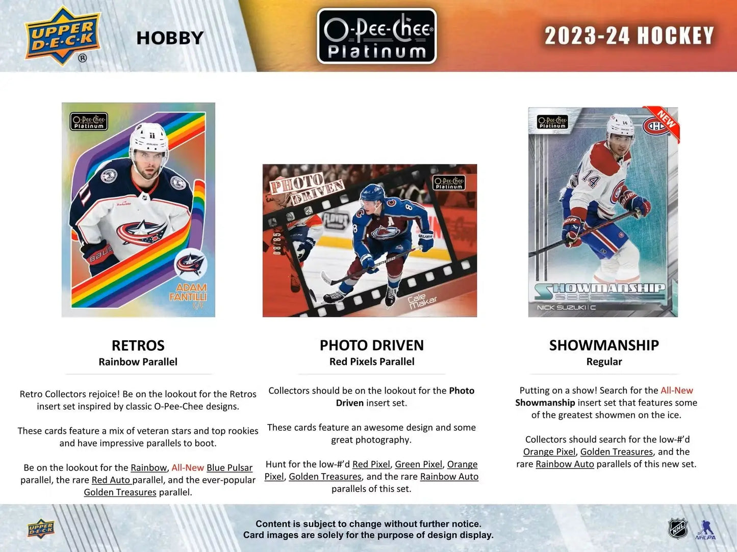 Sales sheet for 2023-24 Upper Deck O-Pee-Chee Platinum Hockey base set and insert sets