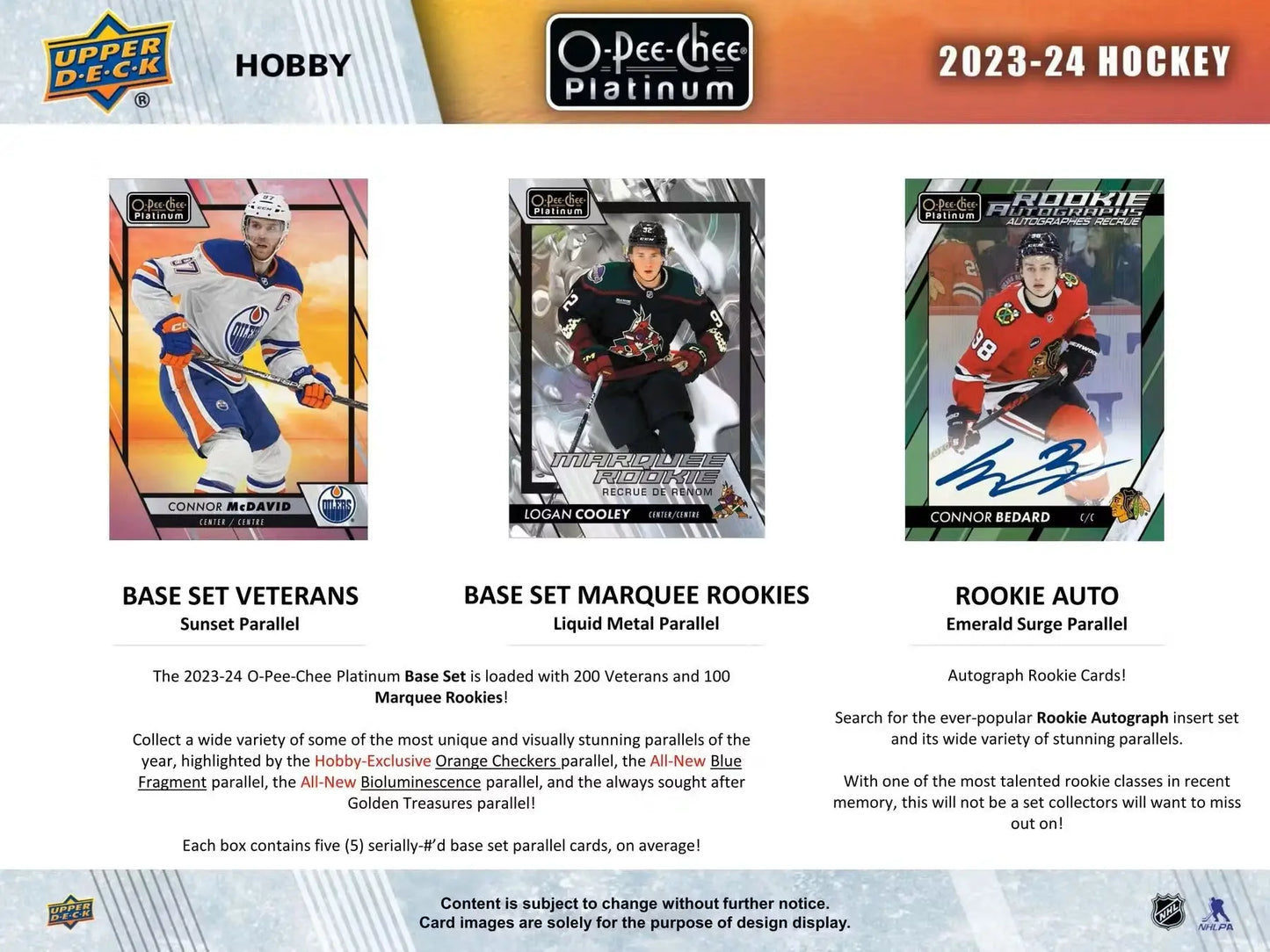 2023-24 Upper Deck O-Pee-Chee Platinum Hockey Hobby Box with base set veterans and marquee rookies trading cards