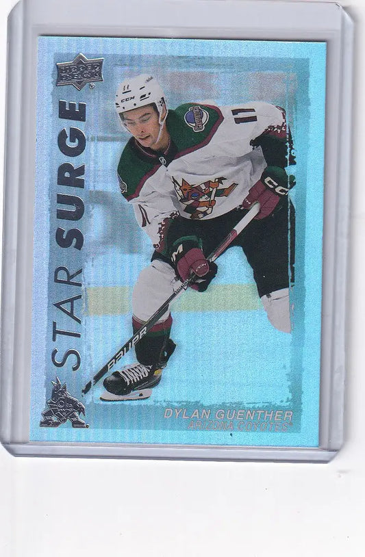 Hockey trading card of Dylan Guenther in white jersey from Upper Deck Series 1 Star Surge