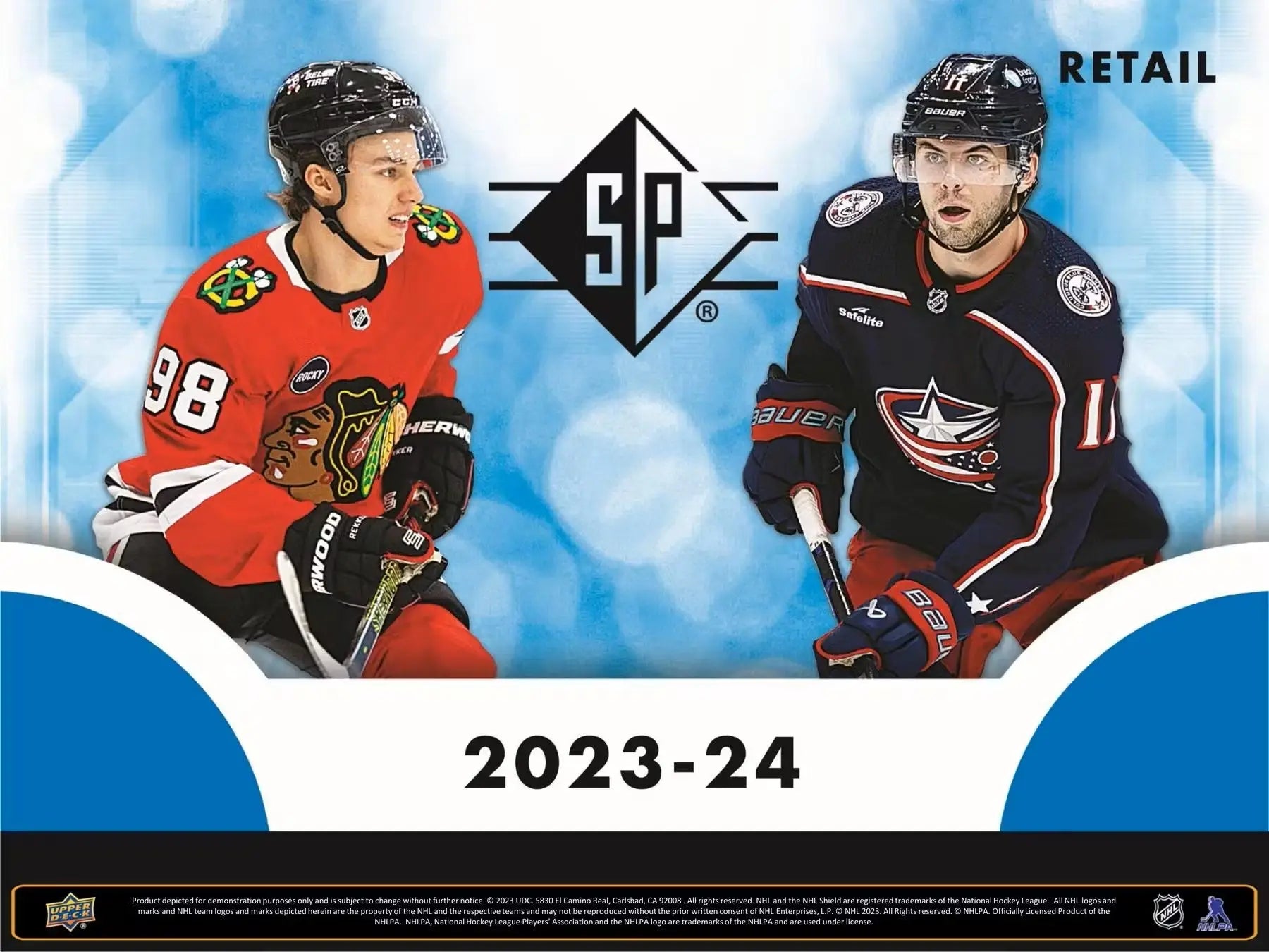 Promotional poster for 2023-24 Upper Deck SP NHL trading cards with rookie authentics
